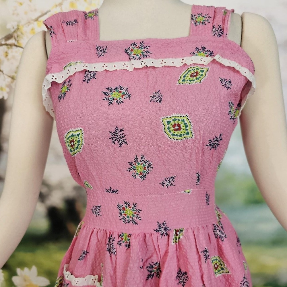 Vintage 1950s Searsucker Bright Pink & Green Floral Dress Lace Trim Sleeveless - Picture 8 of 8